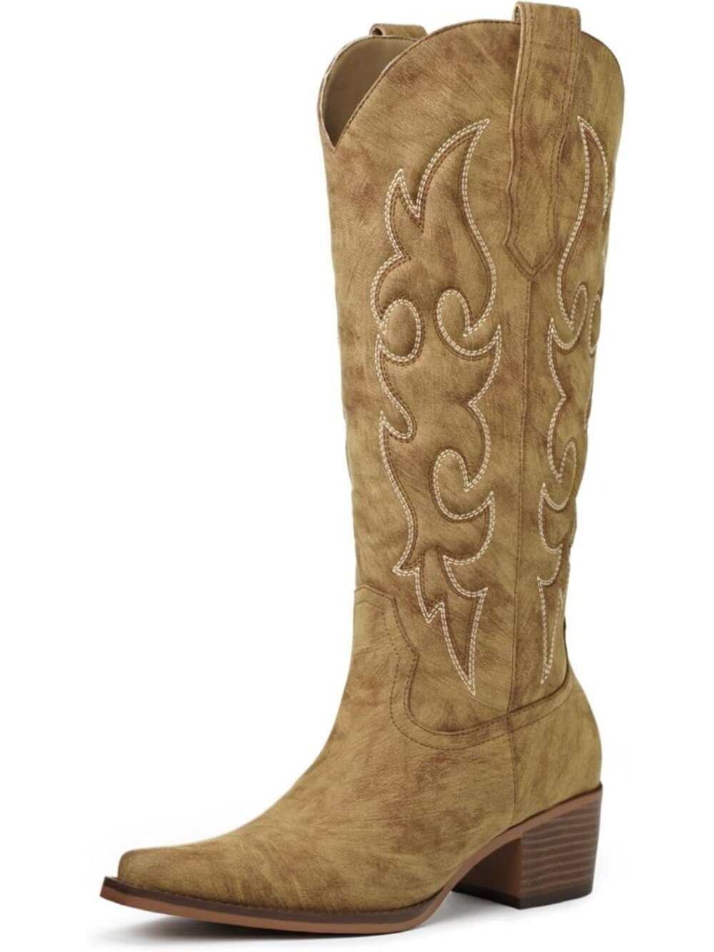 Women Tan Leather Knee-High Cowboy Snip Toe Zipper Embroidery Chunky Heel